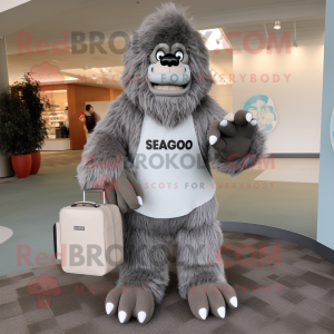 Gray Sasquatch mascot costume character dressed with a Cardigan and Tote bags