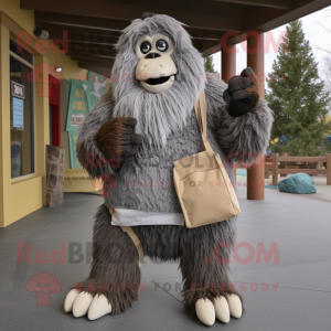 Gray Sasquatch mascot costume character dressed with a Cardigan and Tote bags