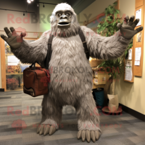 Gray Sasquatch mascot costume character dressed with a Cardigan and Tote bags