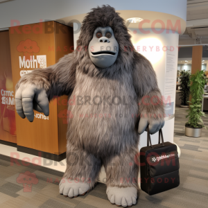 Gray Sasquatch mascot costume character dressed with a Cardigan and Tote bags