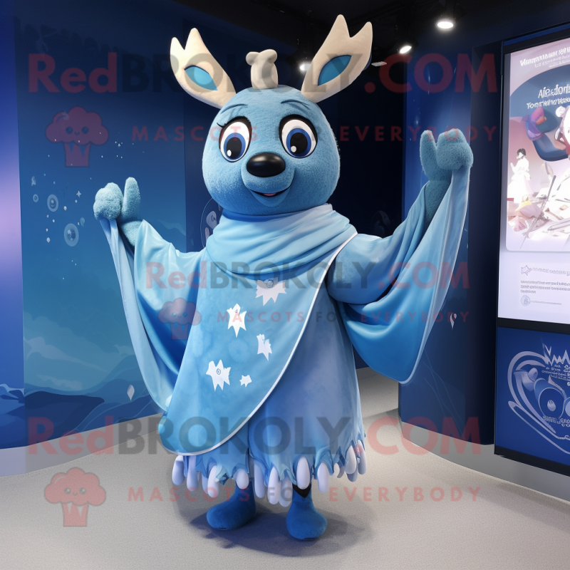 Blue Reindeer mascot costume character dressed with a Wrap Dress and Shawls