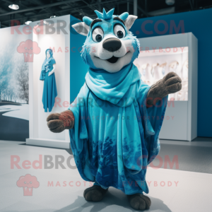Blue Reindeer mascot costume character dressed with a Wrap Dress and Shawls
