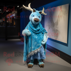 Blue Reindeer mascot costume character dressed with a Wrap Dress and Shawls