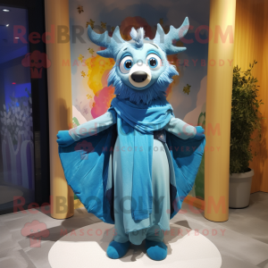 Blue Reindeer mascot costume character dressed with a Wrap Dress and Shawls