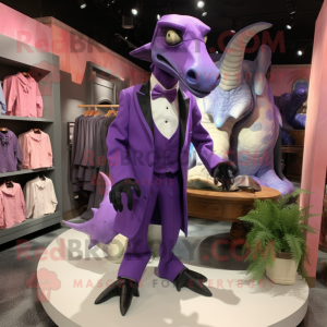 Purple Parasaurolophus mascot costume character dressed with a Tuxedo and Shoe clips