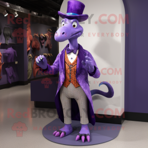 Purple Parasaurolophus mascot costume character dressed with a Tuxedo and Shoe clips