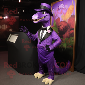 Purple Parasaurolophus mascot costume character dressed with a Tuxedo and Shoe clips