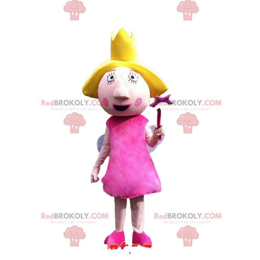 Mascote fada com um lindo vestido rosa. Fantasia de fada -