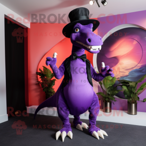 Purple Parasaurolophus mascot costume character dressed with a Tuxedo and Shoe clips