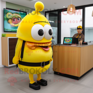 Yellow Burgers mascot costume character dressed with a Turtleneck and Briefcases