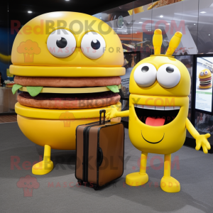 Yellow Burgers mascot costume character dressed with a Turtleneck and Briefcases