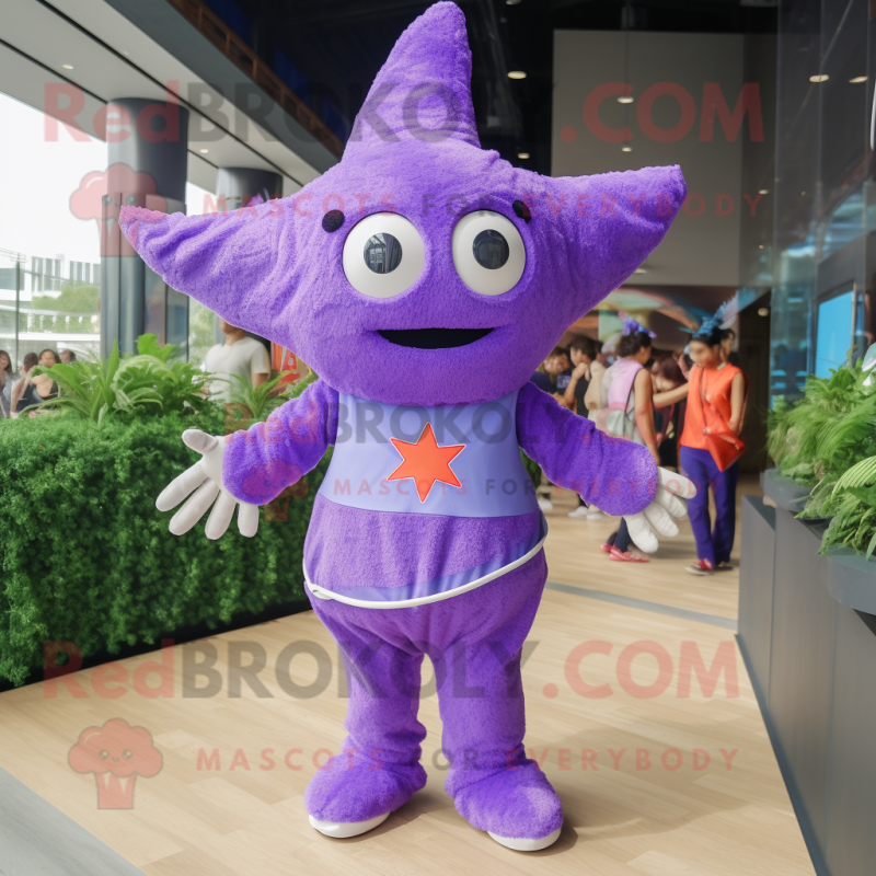 Purple Starfish mascot costume character dressed with a Romper and Rings