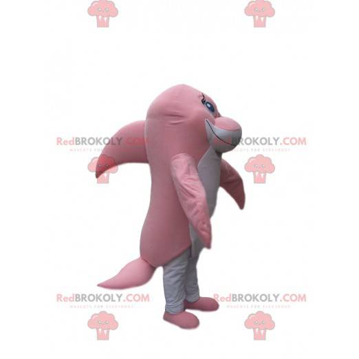 Mascota del delfín rosado y blanco tocando - Redbrokoly.com