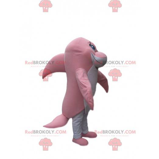 Mascotte delfino rosa e bianco che tocca - Redbrokoly.com