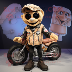 Tan Pizza Slice mascot costume character dressed with a Biker Jacket and Backpacks