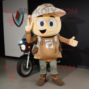 Tan Pizza Slice mascot costume character dressed with a Biker Jacket and Backpacks
