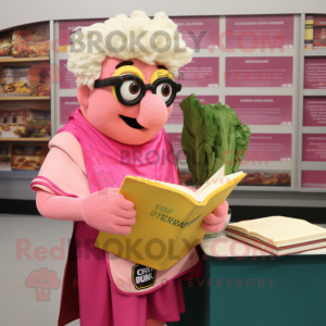 Pink Caesar Salad mascot costume character dressed with a Vest and Reading glasses