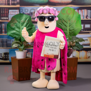 Pink Caesar Salad mascot costume character dressed with a Vest and Reading glasses