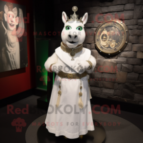 White Irish Castle mascot costume character dressed with a Empire Waist Dress and Bracelet watches