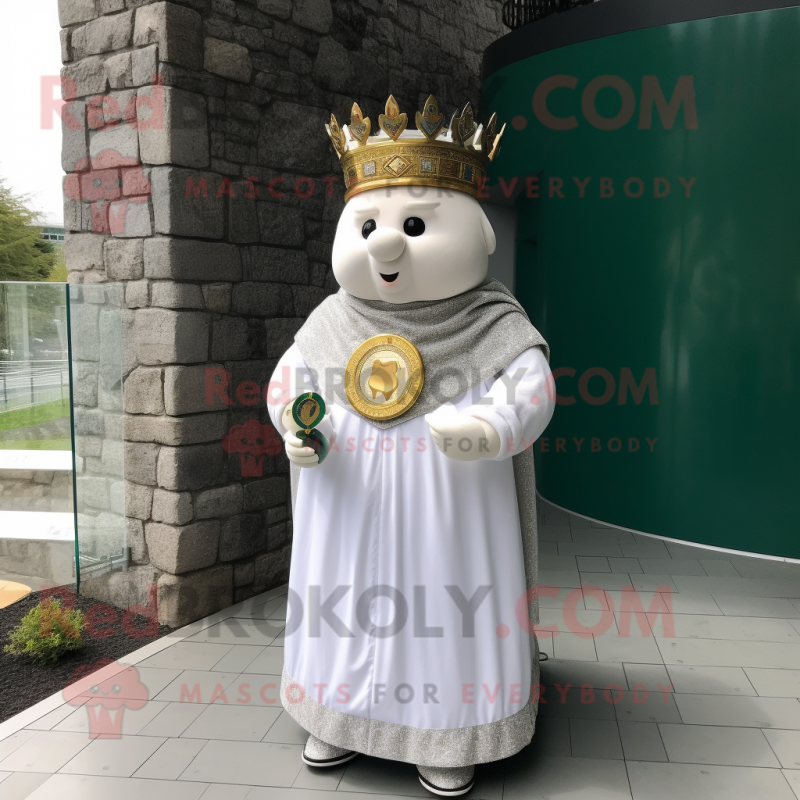 White Irish Castle mascot costume character dressed with a Empire Waist Dress and Bracelet watches