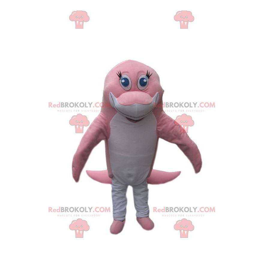 Mascota del delfín rosado y blanco tocando - Redbrokoly.com