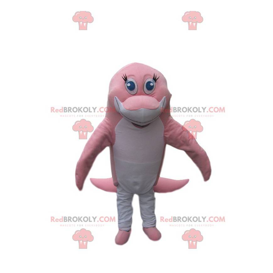 Mascotte delfino rosa e bianco che tocca - Redbrokoly.com