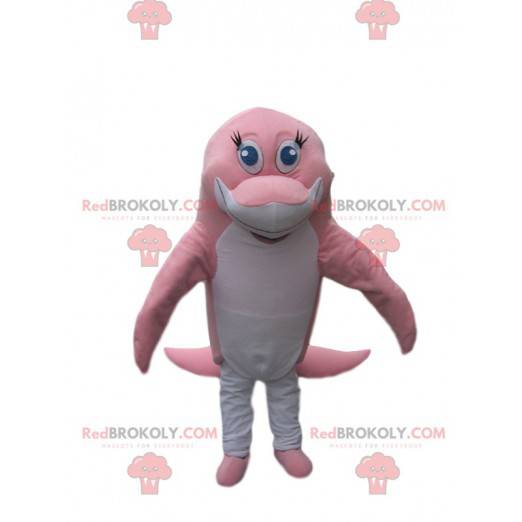 Mascota del delfín rosado y blanco tocando - Redbrokoly.com