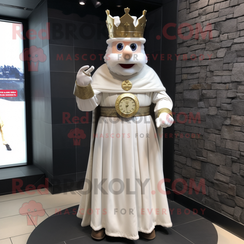 White Irish Castle mascot costume character dressed with a Empire Waist Dress and Bracelet watches