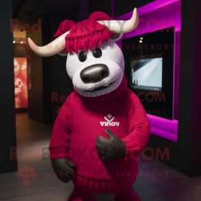 Magenta Bull mascot costume character dressed with a Sweater and Caps