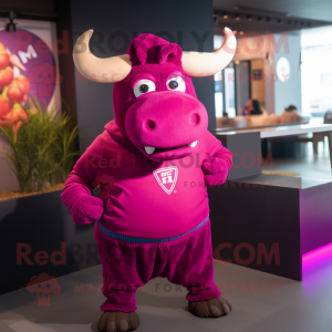 Magenta Bull mascot costume character dressed with a Sweater and Caps