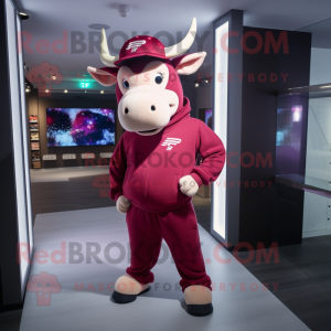 Magenta Bull mascot costume character dressed with a Sweater and Caps