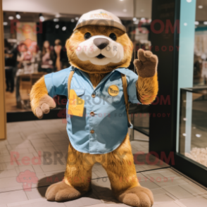 Gold Otter mascot costume character dressed with a Denim Shorts and Hats