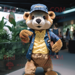 Gold Otter mascot costume character dressed with a Denim Shorts and Hats
