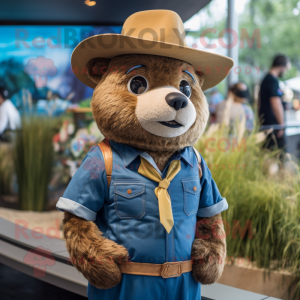 Gold Otter mascot costume character dressed with a Denim Shorts and Hats