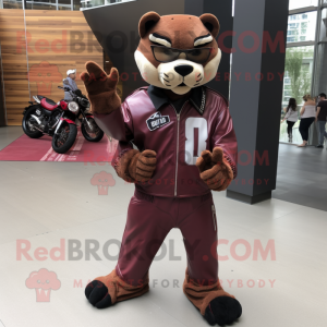 Maroon Puma mascot costume character dressed with a Moto Jacket and Shoe clips