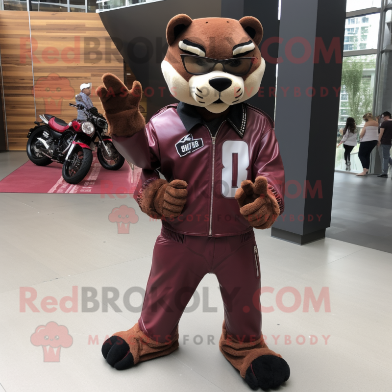 Maroon Puma mascot costume character dressed with a Moto Jacket and Shoe clips