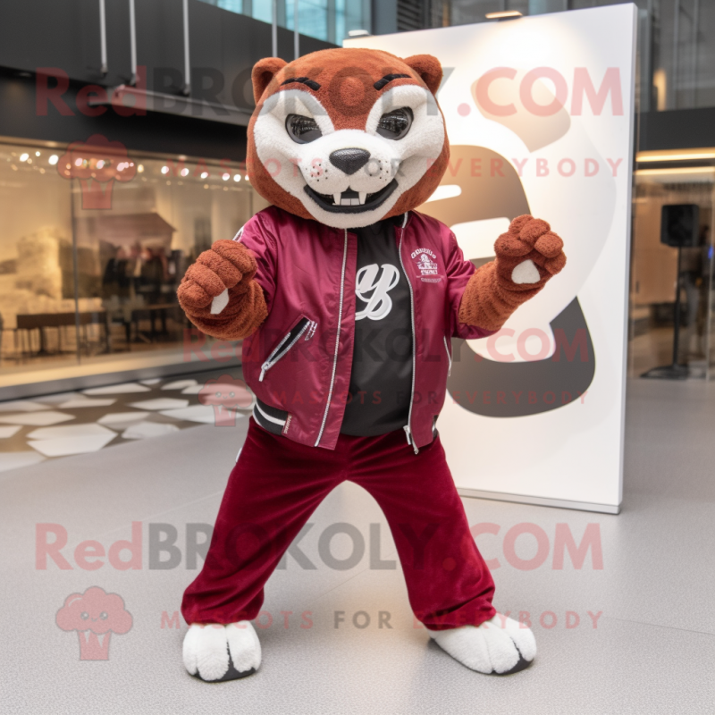 Maroon Puma mascot costume character dressed with a Moto Jacket and Shoe clips