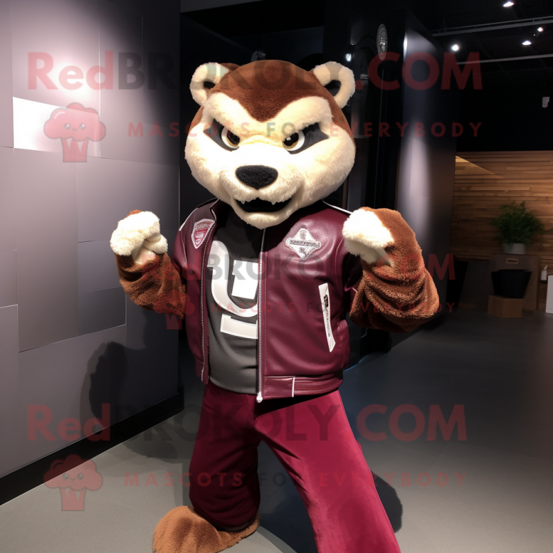 Maroon Puma mascot costume character dressed with a Moto Jacket and Shoe clips