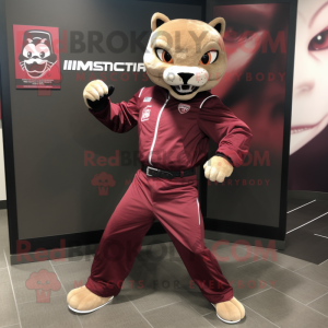 Maroon Puma mascot costume character dressed with a Moto Jacket and Shoe clips