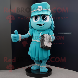 Cyan Baseball Glove mascot costume character dressed with a Sheath Dress and Necklaces