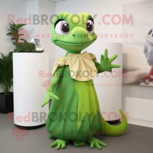 Green Geckos mascot costume character dressed with a Maxi Dress and Ties