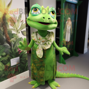Green Geckos mascot costume character dressed with a Maxi Dress and Ties