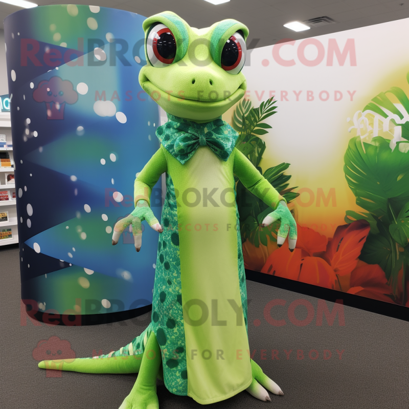 Green Geckos mascot costume character dressed with a Maxi Dress and Ties Green Geckos mascot costume character dressed with a Maxi Dress and Ties