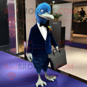 Blue Ostrich mascot costume character dressed with a Tuxedo and Clutch bags