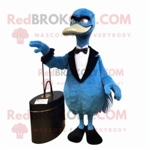 Blue Ostrich mascot costume character dressed with a Tuxedo and Clutch bags