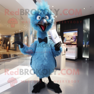 Blue Ostrich mascot costume character dressed with a Tuxedo and Clutch bags