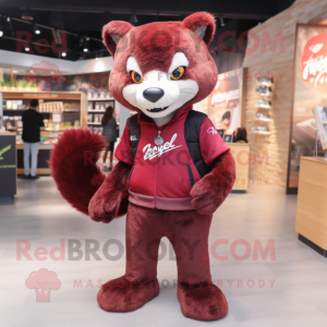 Maroon Marten mascot costume character dressed with a Skinny Jeans and Hair clips