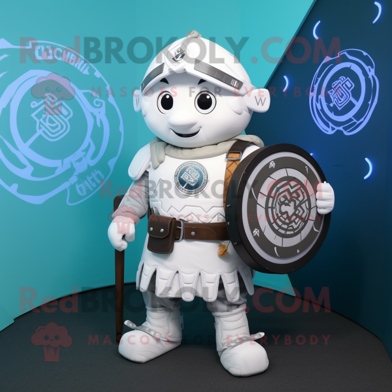 White Celtic Shield mascot costume character dressed with a Playsuit and Backpacks White Celtic Shield mascot costume character dressed with a Playsuit and Backpacks