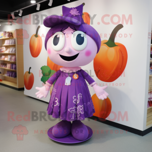 Purple Apricot mascot costume character dressed with a Midi Dress and Keychains