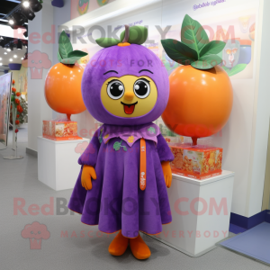 Purple Apricot mascot costume character dressed with a Midi Dress and Keychains